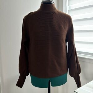 Brown buttery soft mock neck sweater with puff sleeves size s